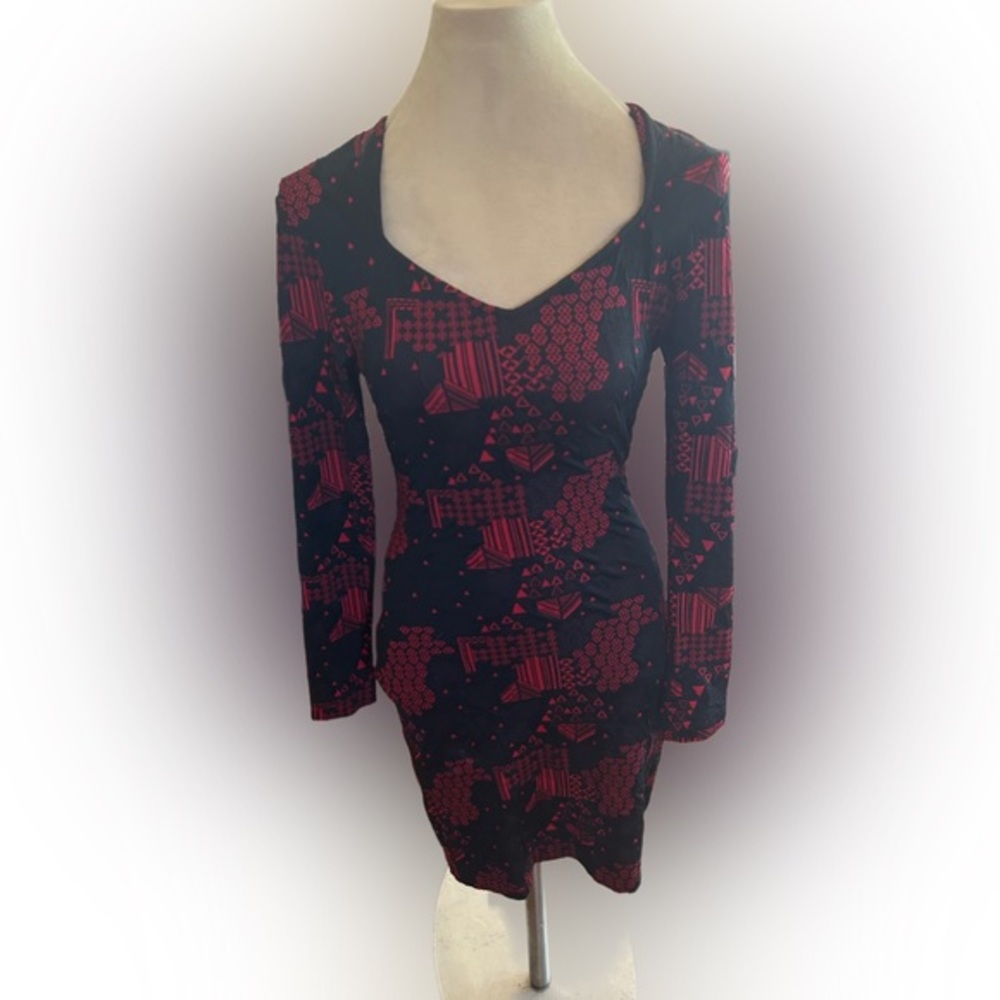 90s Red and Black Pattern Knit Bodycon Dress